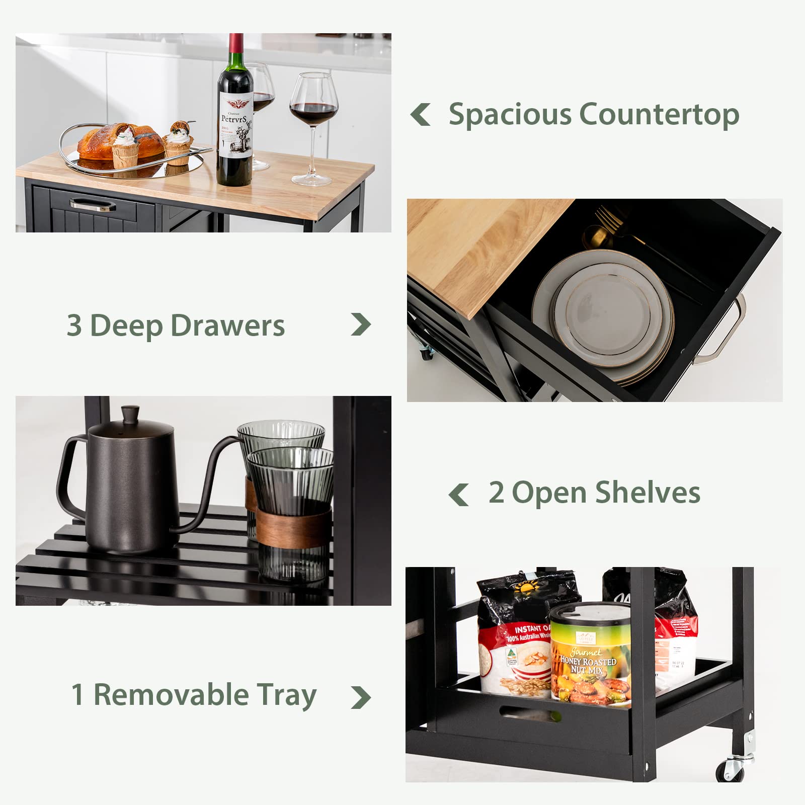 KOMFOTTEU Küchenwagen, vierstöckiger Küchenschrank mit Arbeitsplatte, 3 Schubladen und Lagerregal, Servierwagen für Küche und Esszimmer 67x 37x 84 cm (Schwarz)
