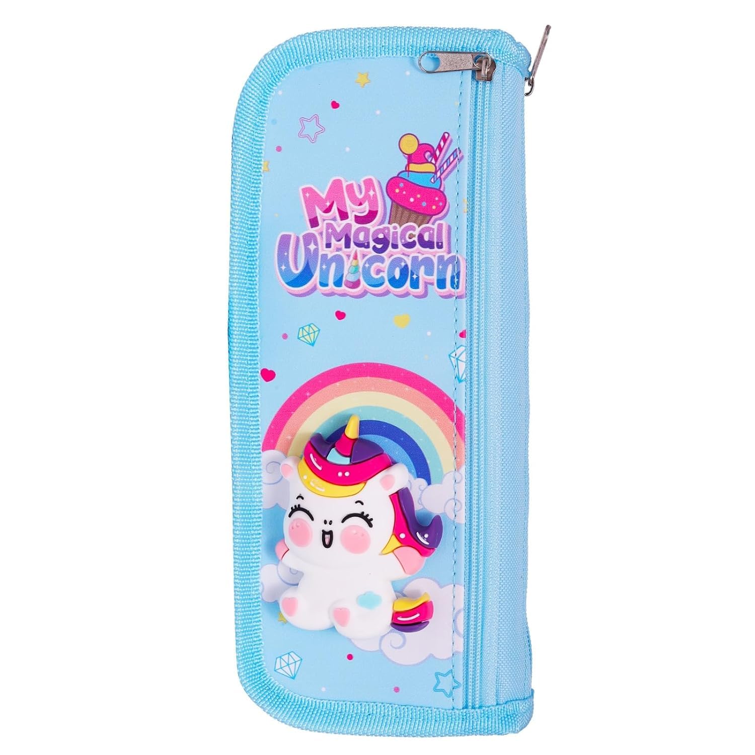 3D Unicorn Pencil Pouch for Girls, Cute Stationery Case with Zipper (Blue)