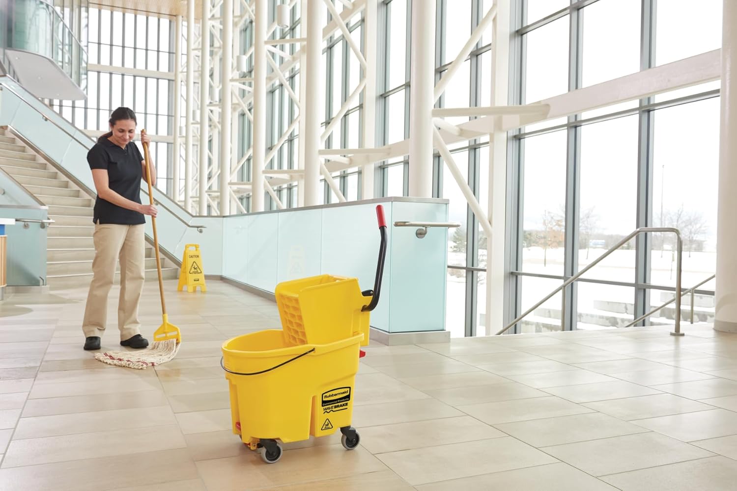 Rubbermaid Commercial Products WaveBrake 35 Qt. Side-Press Mop Bucket and Wringer Combo on Wheels Yellow for Professional/Industrial/Business Heavy-Duty Floor Cleaning/Mopping Rubbermaid Commercial Products WaveBrake 35 Qt. Side-Press Mop Bucket and Wringer Combo on Wheels Yellow for Professional/Industrial/Business Heavy-Duty Floor Cleaning/Mopping