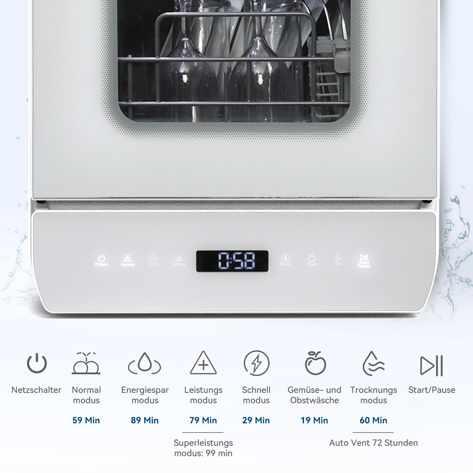 YU YUSING Mini Geschirrspüler Tischgeschirrspüler 7 Programme 3 Gedecke 4.8L Wassertank LED-Display Touch-Steuerung