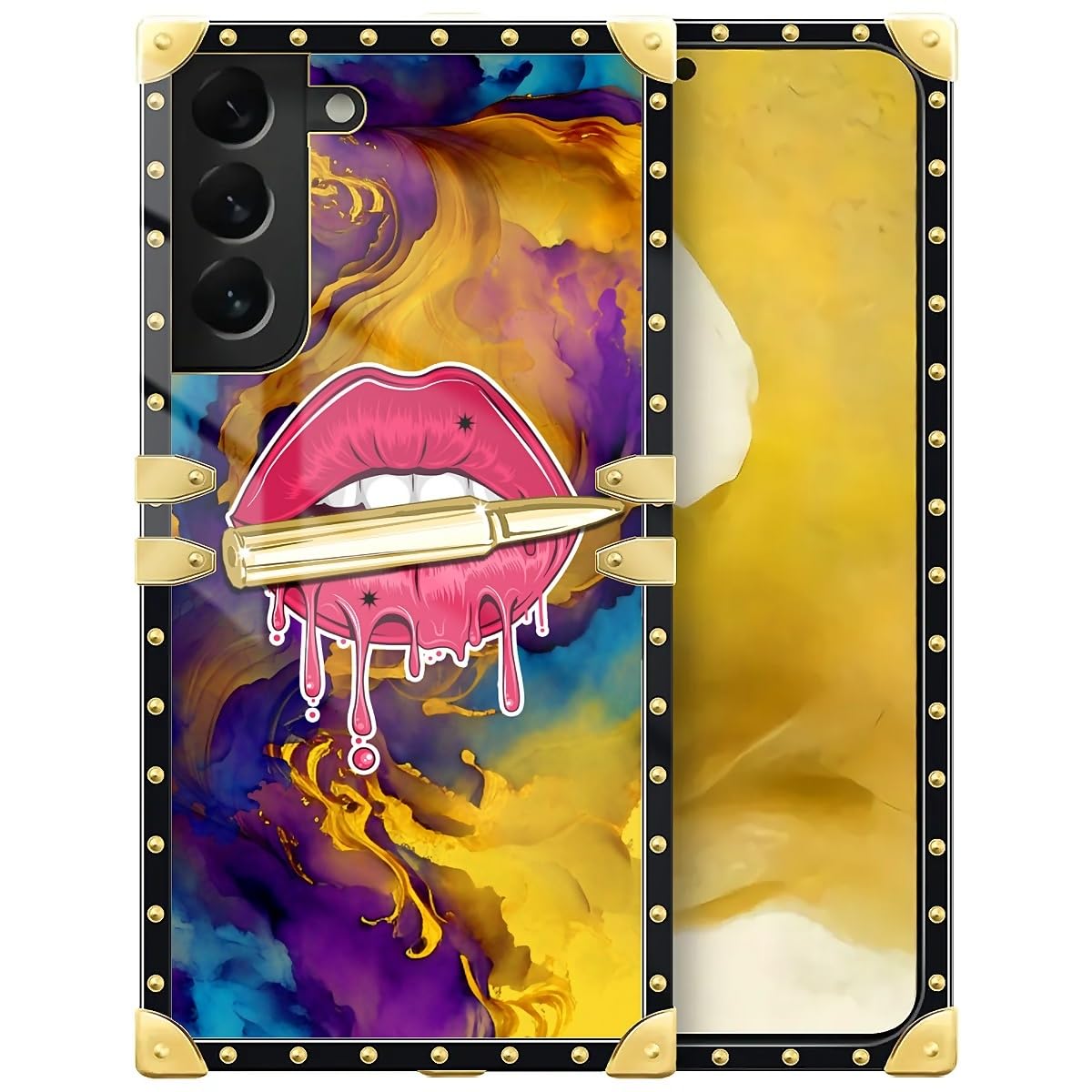 WANKBLC Compatible with Samsung Galaxy S22 Case, Cool Corlorful Lip Marble Luxury Golden Decoration for Girl Women Soft TPU Shockproof Protective Hard