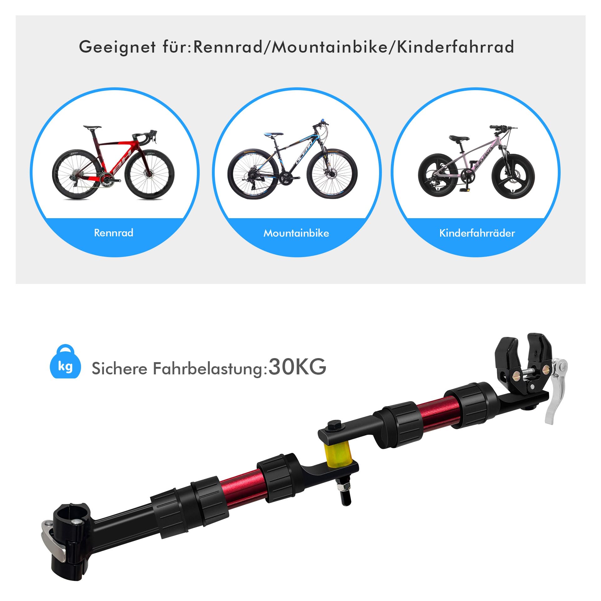 Mimoke Fahrradanhänger Kupplung aus Aluminium | Adapter für Handwagen & Transportanhänger, Schnellspanner, passend für Sattelstützen 27–32 mm