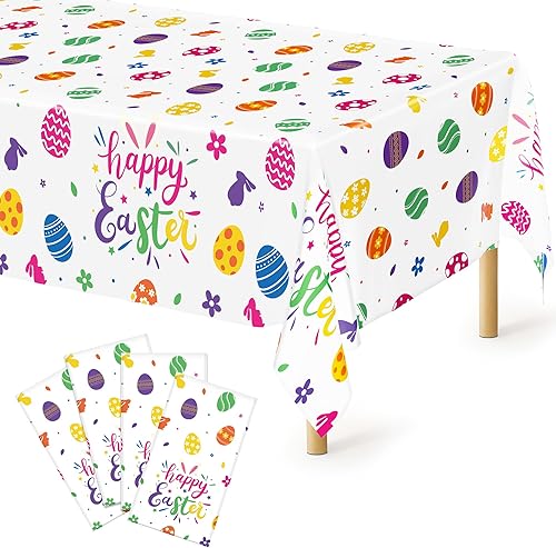 Miniatura 68 de Paquete de 4 manteles desechables de plástico para fiestas, 54" x 108" manteles rectangulares blancos y dorados, mantel impermeable para mesas Punto