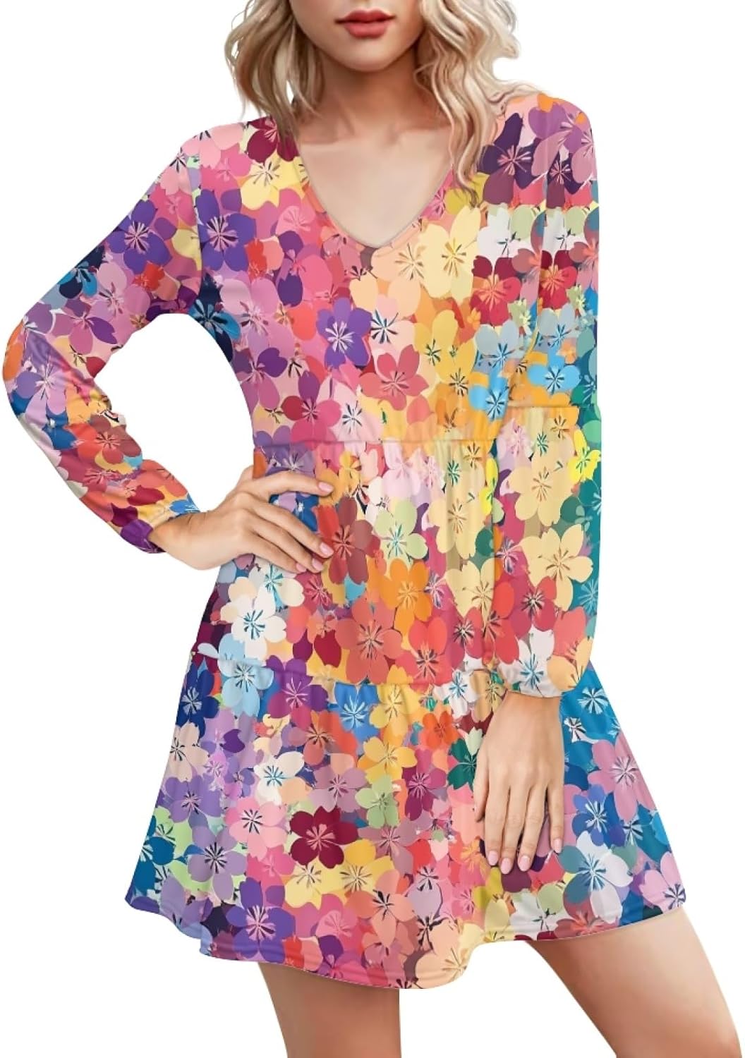 Long Sleeve Dress for Women Floral V Neck Lantern Sleeve Fashion Tunic Dress Knee Length Casual Swing Shift Dress - Image 5