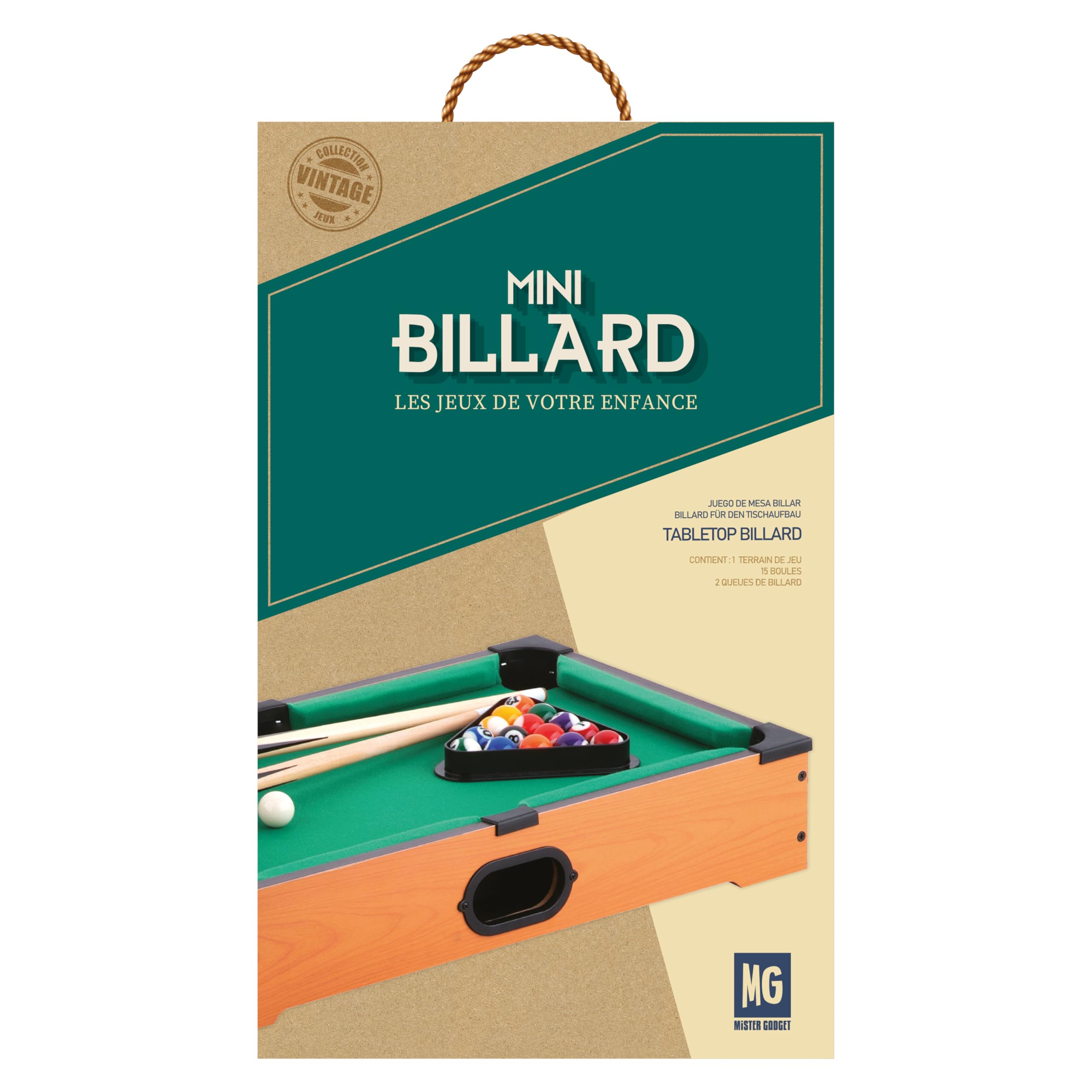 MISTER GADGet - MG2017 Jeu de Table Billard - 2 Queues - 16 Boules - Triangle et Craie Bleue - Conçu pour Soirées Amicales - H10 x L31 x P51 cm - Couleur Marron et Vert | Bois, jeu de table billard, 51x31x10 cm, 2 queues 16 boules triangle et craie, diver