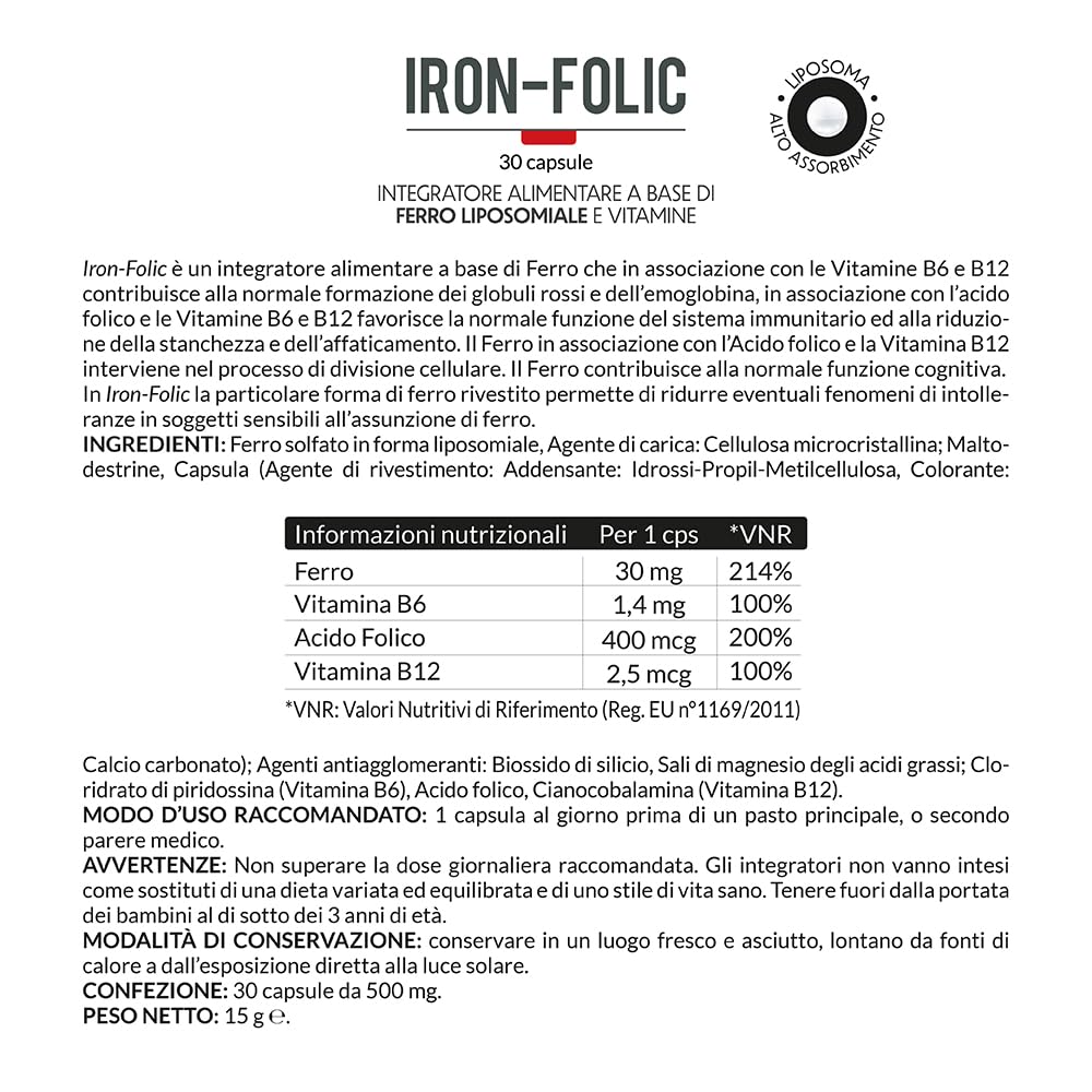 Iron-Folic – Integratore alimentare con Ferro Liposomiale (30 mg/cps.), Acido Folico, Vit. B6 e B12 – Contribuisce alla normale formazione dei globuli rossi e alla riduzione della stanchezza – 30 caps