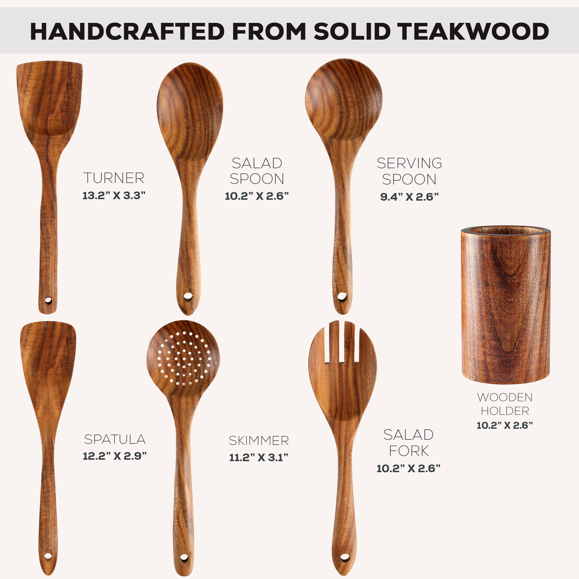 Zulay Kitchen 7 cucharas de madera de alta calidad para cocinar, utensilios de madera de teca con acabado suave para cocinar, madera de teca natural con acabado suave, utensilios de cocina de madera