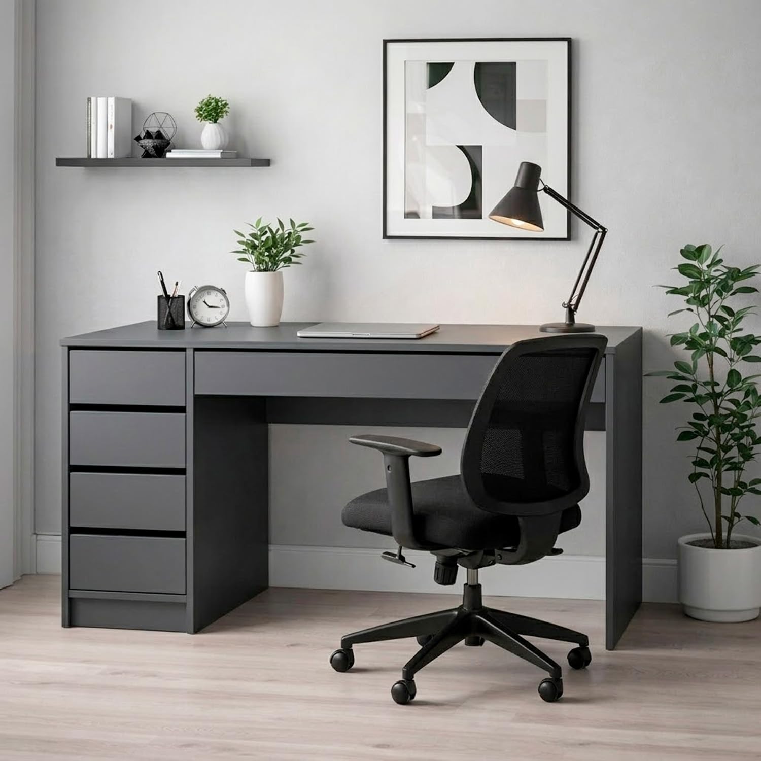Bricozone Scrivania Moderna 120 Cm Con 4 Cassetti E Cassettone Centrale Design Senza Maniglie Montaggio Reversibile Per Ufficio Studio E Smart Working Struttura Resistente 120x75x55 Cm (Antracite)