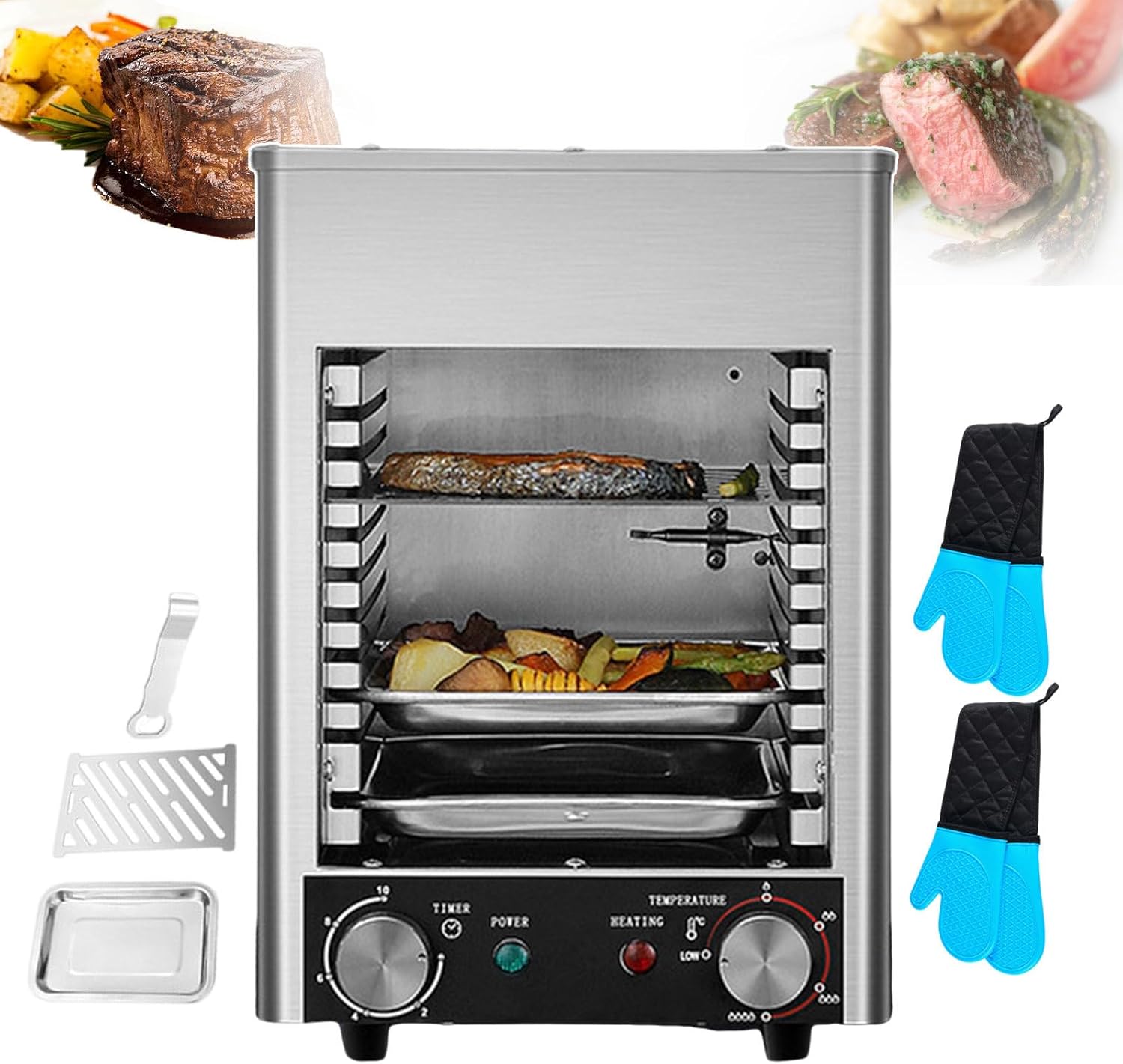Electric Steak Stove and Teppanyaki Grill for Meat/Vegetables/Fish, Electric Griddles 1700w Commercial Steak Grill, 800℃, with Grill and Tray and 2 One-Piece Gloves