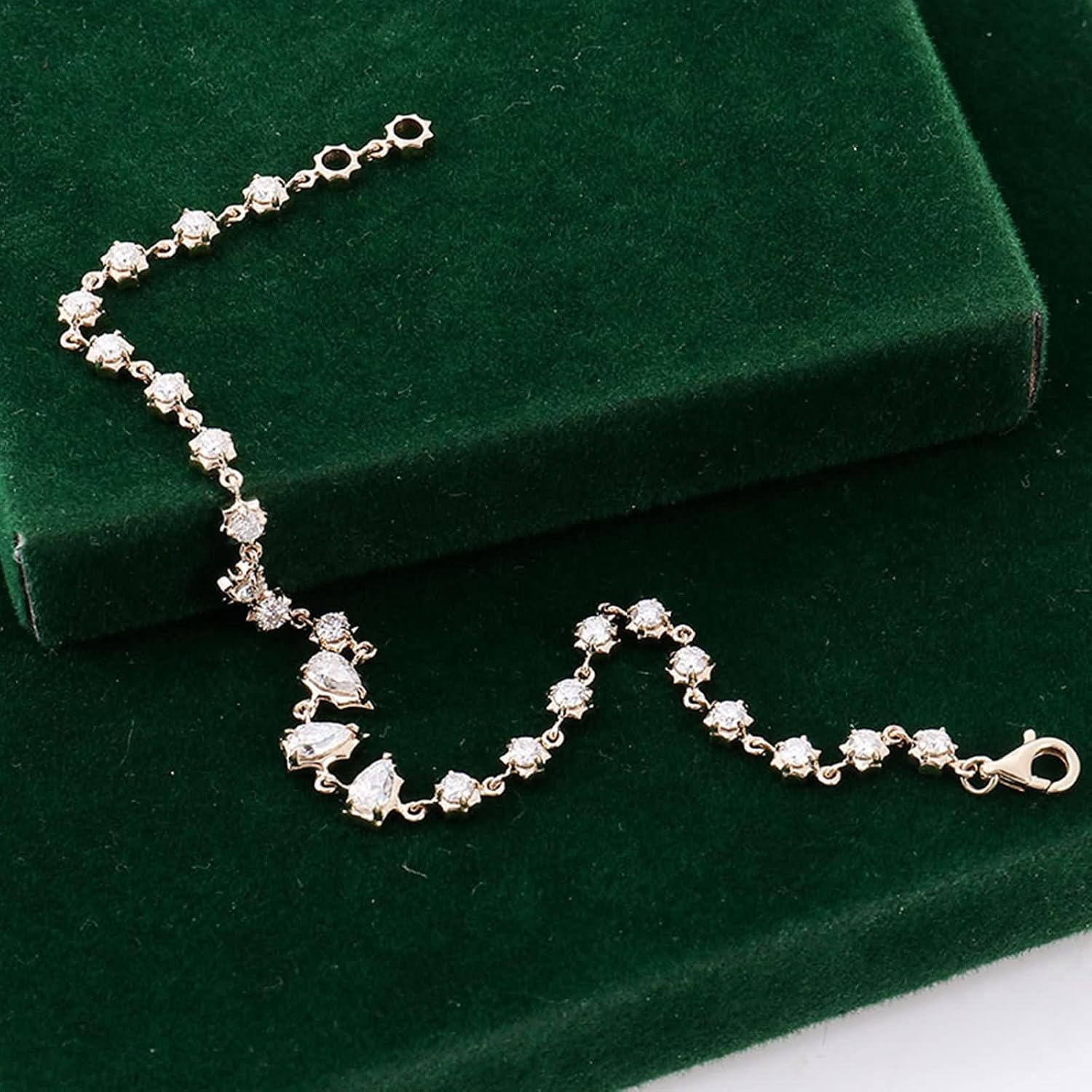 Women Gold Chain Bracelets 9Kt / 14Kt / 18Kt, Water Drop and Round with Moissanite, 6.3", Women's Chain Bracelets Gold image 4