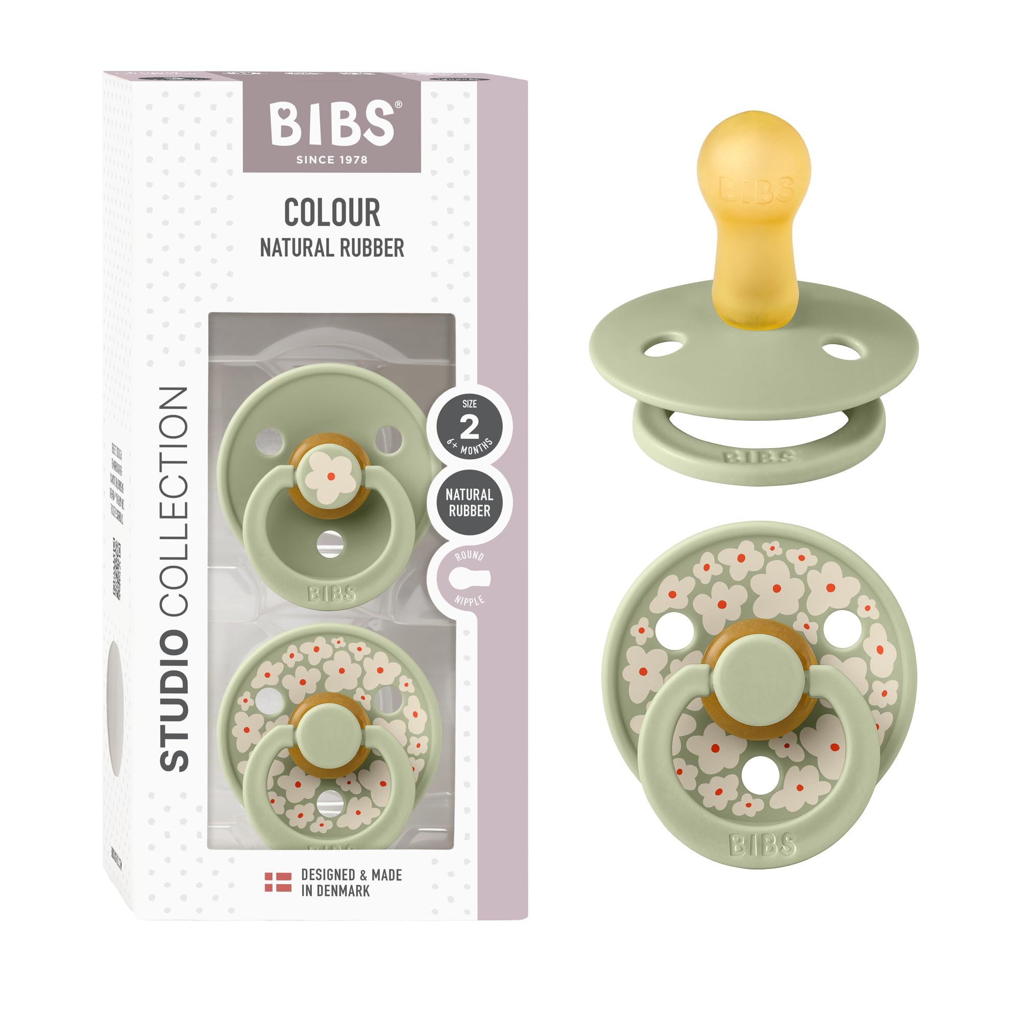 BIBS Pacifiers - Colour Studio 2 Pack | Round Nipple Baby Pacifier | BPA Free Natural Rubber Latex Soother | Made in Denmark | Size 6+ Months | Jasmine Sage