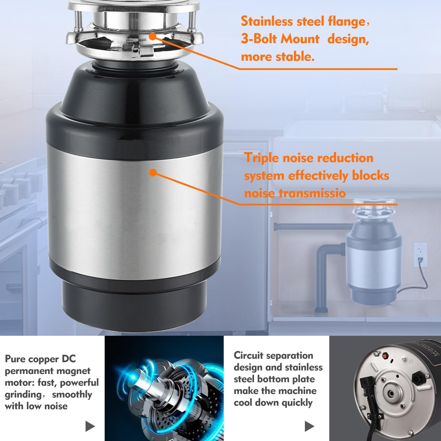 Tritarifiuti da Cucina da 560 W, Smaltimento dei Rifiuti Alimentari Ad Alimentazione Continua, con Collegamento per Lavastoviglie, Interruttore Wireless, capacità 1200 Ml