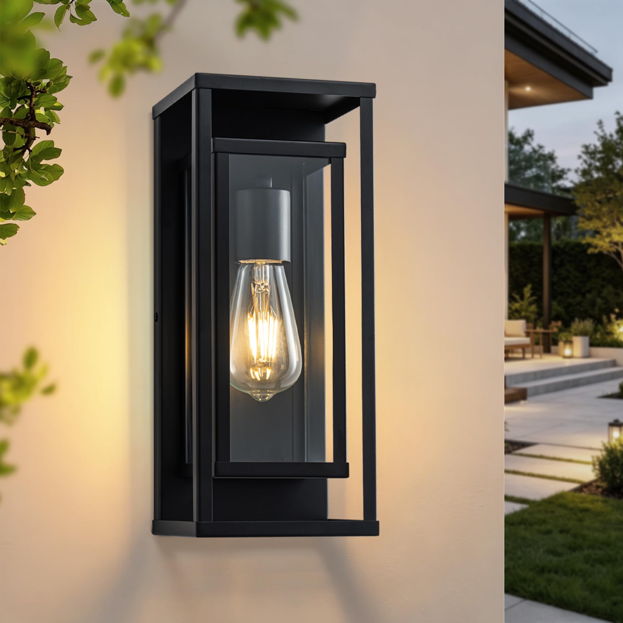 FTL Classic Outdoor Wall Light, Metal Frame Porch Lights Outdoor Glass Light E27, Rectangle Matte Black Outside Wall Lantern, IP44 Exterior Wall Lamp, Garden Sconce Lighting for Patio, House, Garage