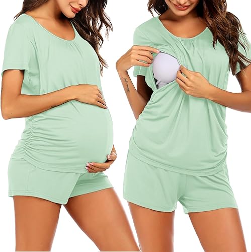 Ekouaer - pijama de maternidad y lactancia para mujer, conjunto de ropa para dormir de doble capa, prenda de manga corta y pantalón para el embarazo
