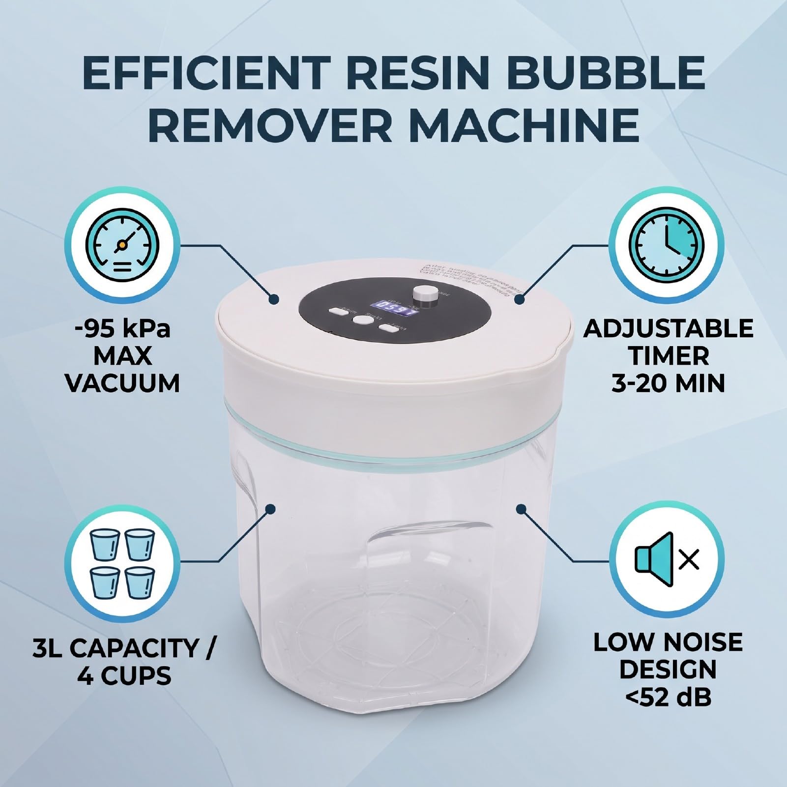 FTVOGUE Removedor de Burbujas de Resina Cámara de Vacío 3L con Presión y Temporizador | Capacidad de 3 litros, vacío de -95 kPa con retención de presión, temporizador ajustable de 3 a 20 minutos, botón de