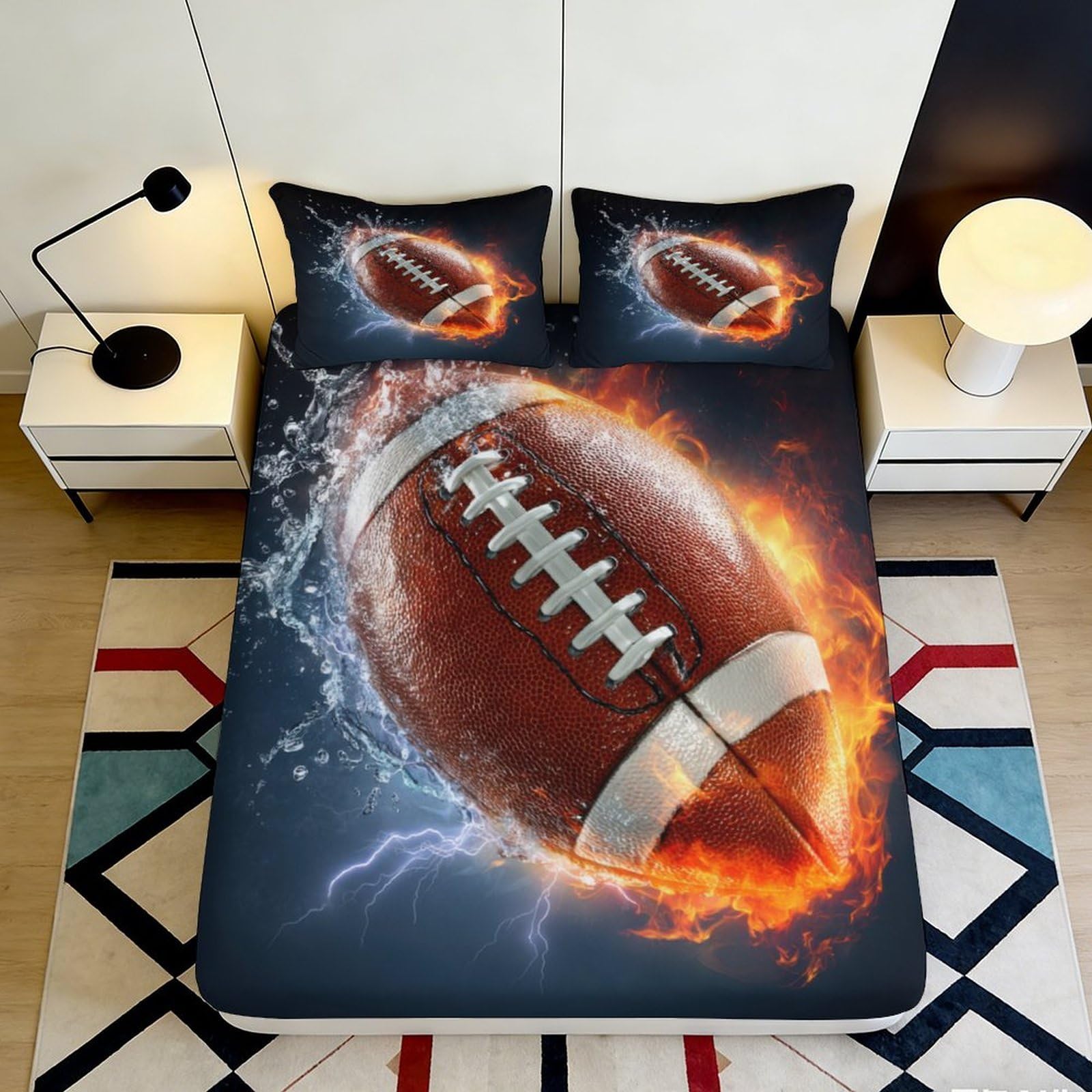 3D Printed Fire Football Fitted Sheet Microfiber Soft Breathable Water Splash Bed Cover for Bedroom Guest Room Decor 90x200x25cm