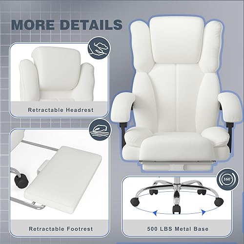 Miniatura 5 de Silla de oficina grande y alta, asiento ancho de 500 libras, silla de oficina ergonómica ejecutiva con respaldo alto y reposacabezas retráctiles,
