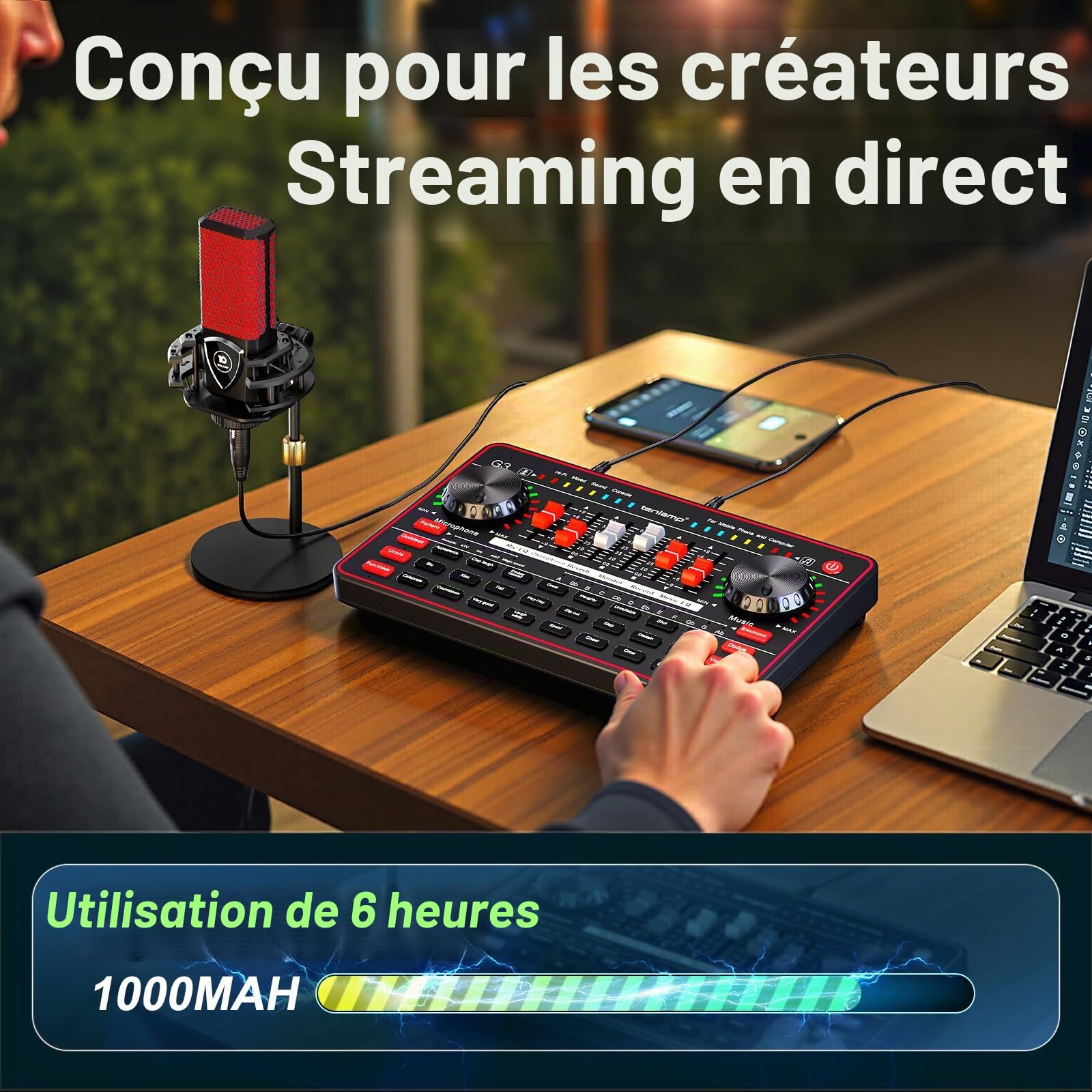 TENLAMP G3 Kit Podcast – Table de Mixage Live Sound Board, Micro Condensateur 3,5mm avec Support, Changeur de Voix, Réduction de Bruit – pour PC, Smartphone, Streaming & Création de Contenu