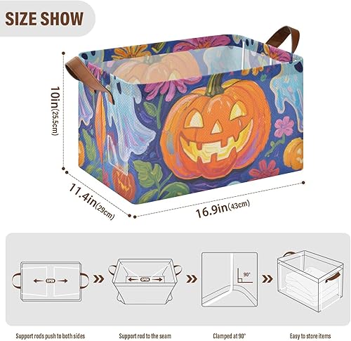Miniatura 3 de KLL Halloween Pumpkins and Ghosts with Flowers Large Storage Baskets Fabric Storage Bins with Handles Foldable Boxes for Home, Office,Closet,