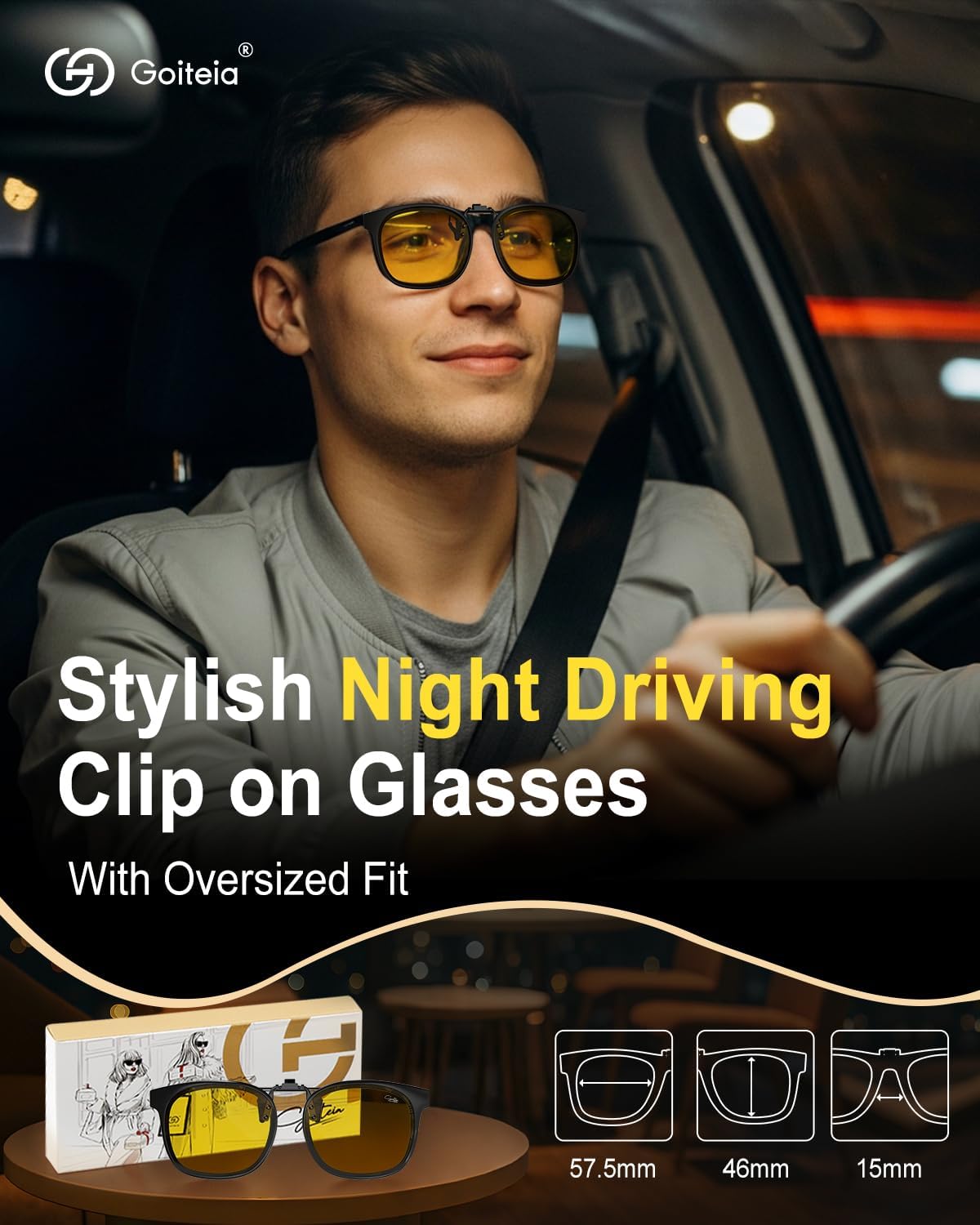 Goiteia Oversized Night Driving Glasses Clip on For Driving-Polarized Anti Glare From Headlights,Framed To Conceal Glasses