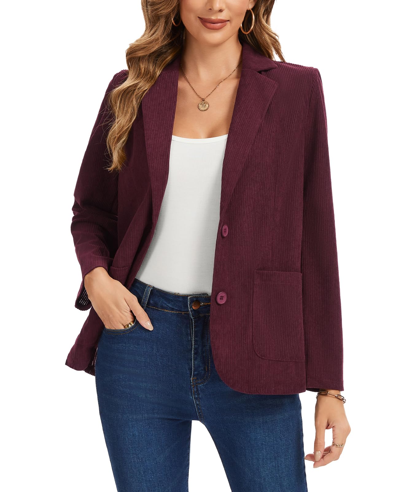 Womens Corduroy Blazers Casual Long Sleeve Notch Lapel Work 2-Button Open Front Blazer Jackets Pockets