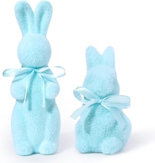 Easter Flocked Bunny Figurine - 2Pcs Flocking Bow Tie Rabbit Decorations Adorable Easter Centerpieces Tabletop Ornaments for Home Garden Office Spring Party Desktop Decor Supplies Blue