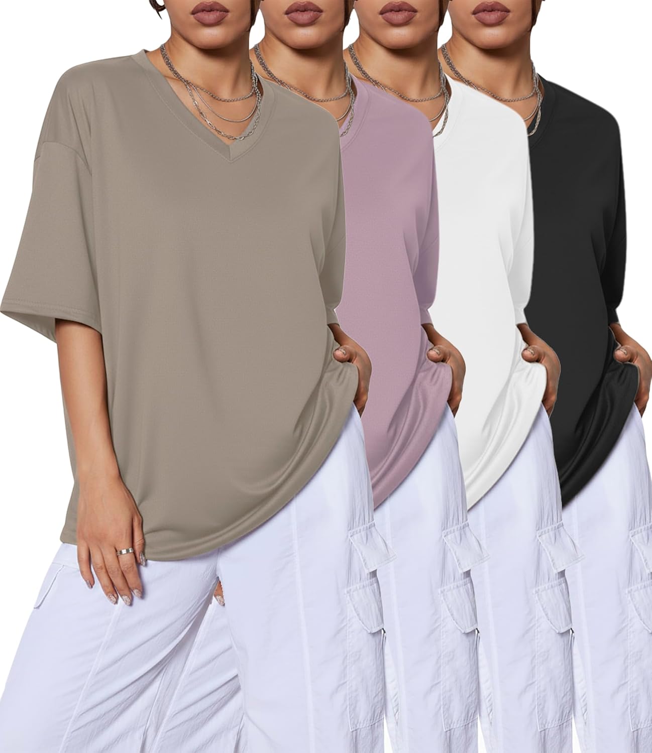 1/4 Pack Oversized TShirts for Women, Short Sleeve Drop shoulders Plus Size Baggy Dry Fit T Shirts Tops Tees