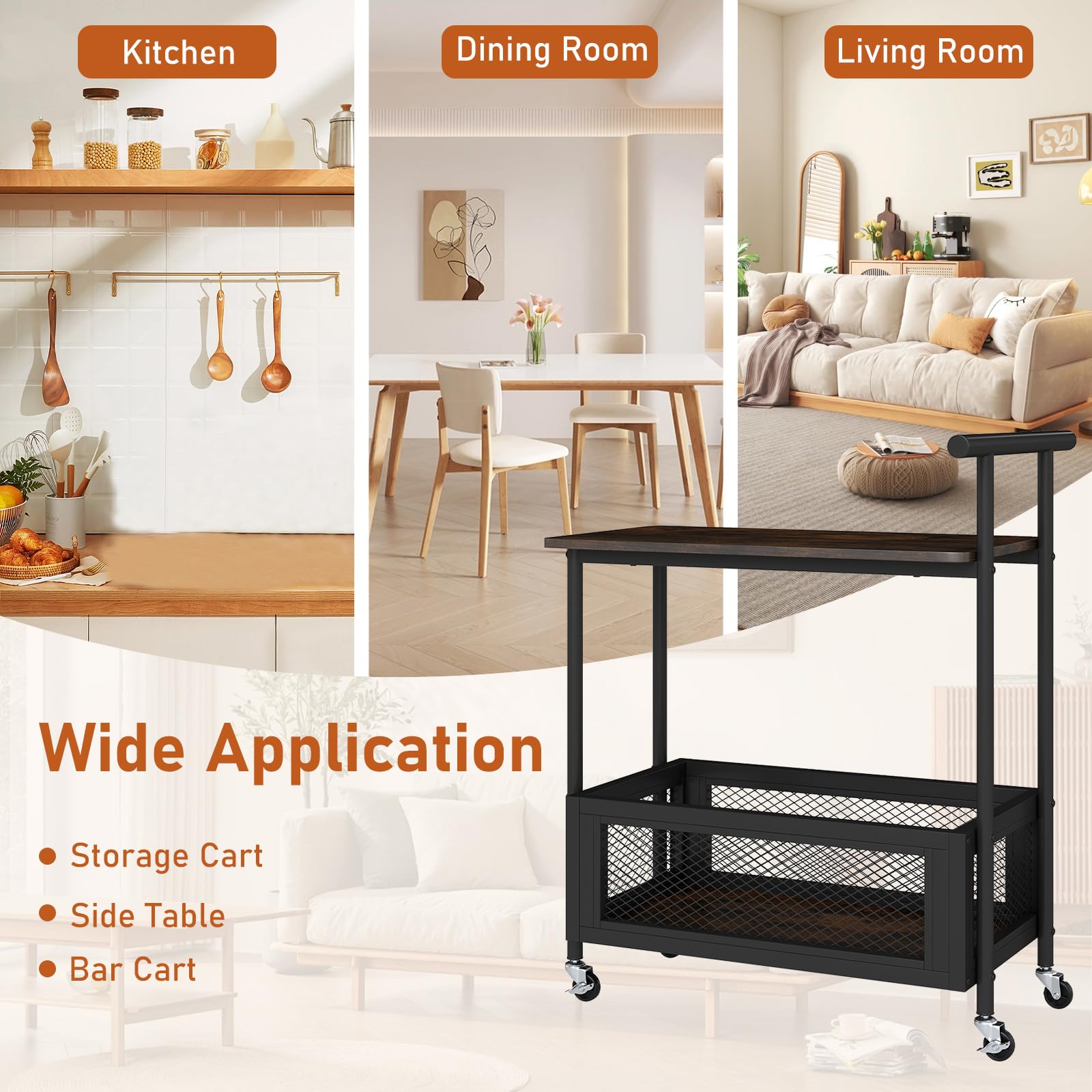 Giantex Mesa Auxiliar con Ruedas, Carrito Móvil con Estante y Cesta de Almacenamiento, Carro de Servicio con Asa, 60 x 40 x 72 cm, Mueble Auxiliar para Cocina, Comedor, Salón, Bar