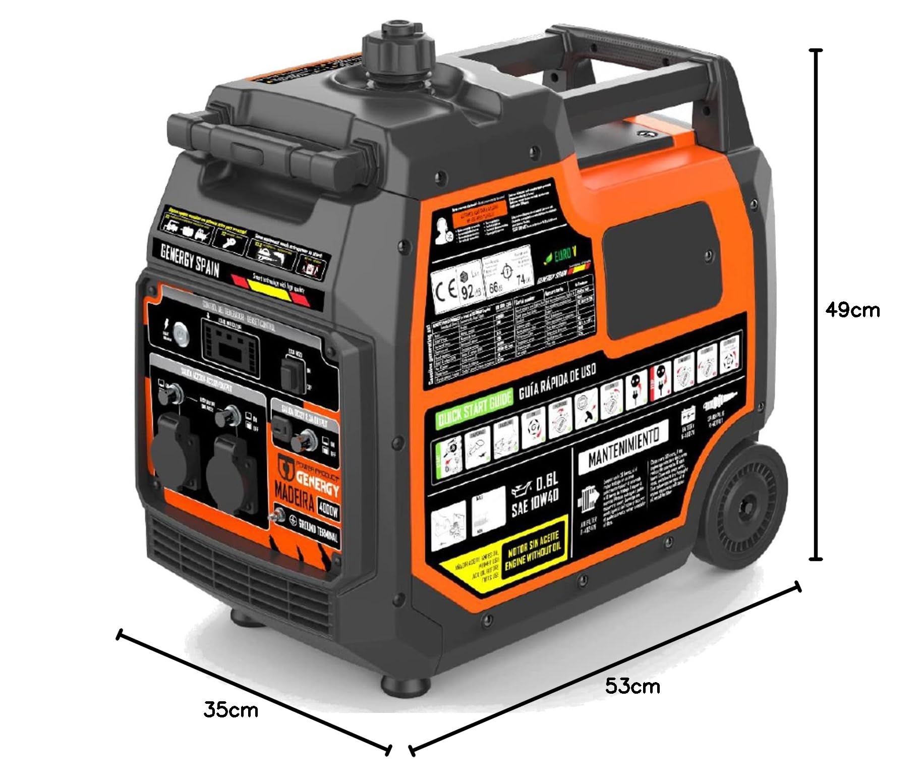Genergy – Generador de corriente de emergencia de gasolina con inversor, 4000 W máx. 3600 W de electricidad limpia, silencioso y ligero con 35 kg, tanque de 8 L, grupo electrógeno, generador, Madeira