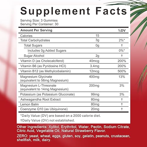 Miniatura 3 de Gomitas de glicinato de magnesio, 60 porciones, gomitas masticables de glicinato de magnesio sin azúcar con L-treonato, Ashwagandha para adultos