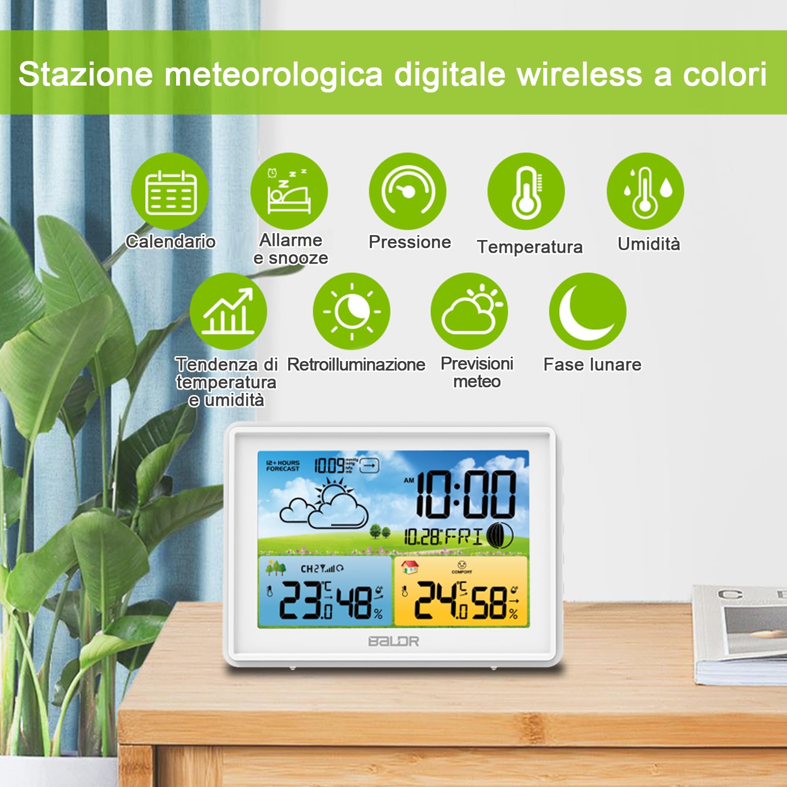 LEVIPE Stazione Meteo con Sensore Esterno,Display a Colori, Termoigrometro Interno/Esterno, Barometro Previsioni Meteo, Oradio Radio Controllata, Allarmi – Perfetta per Casa, Ufficio, Giardino