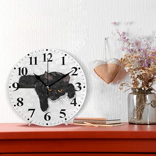 Miniatura 2 de susiyo Reloj de pared redondo a pilas para sala de estar, cocina, escritorio, granja, 9.8 pulgadas (gato negro)