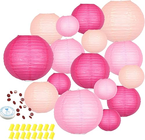 Faroles de papel colgantes decorativos, faroles de papel chinos rosados, decoraciones de fiesta de techo con 16 luces LED para bodas, aniversarios,