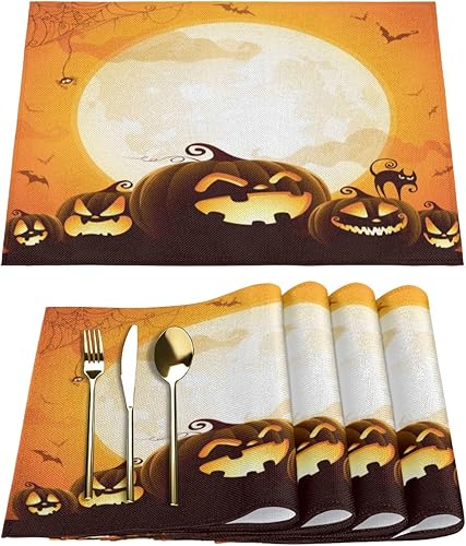 Halloween Pumpkins Under Moonlight Placemats Set of 6 Fabric Placemats Square Placemat for Kitchen Table Heat Resistant, Easy to Clean Table