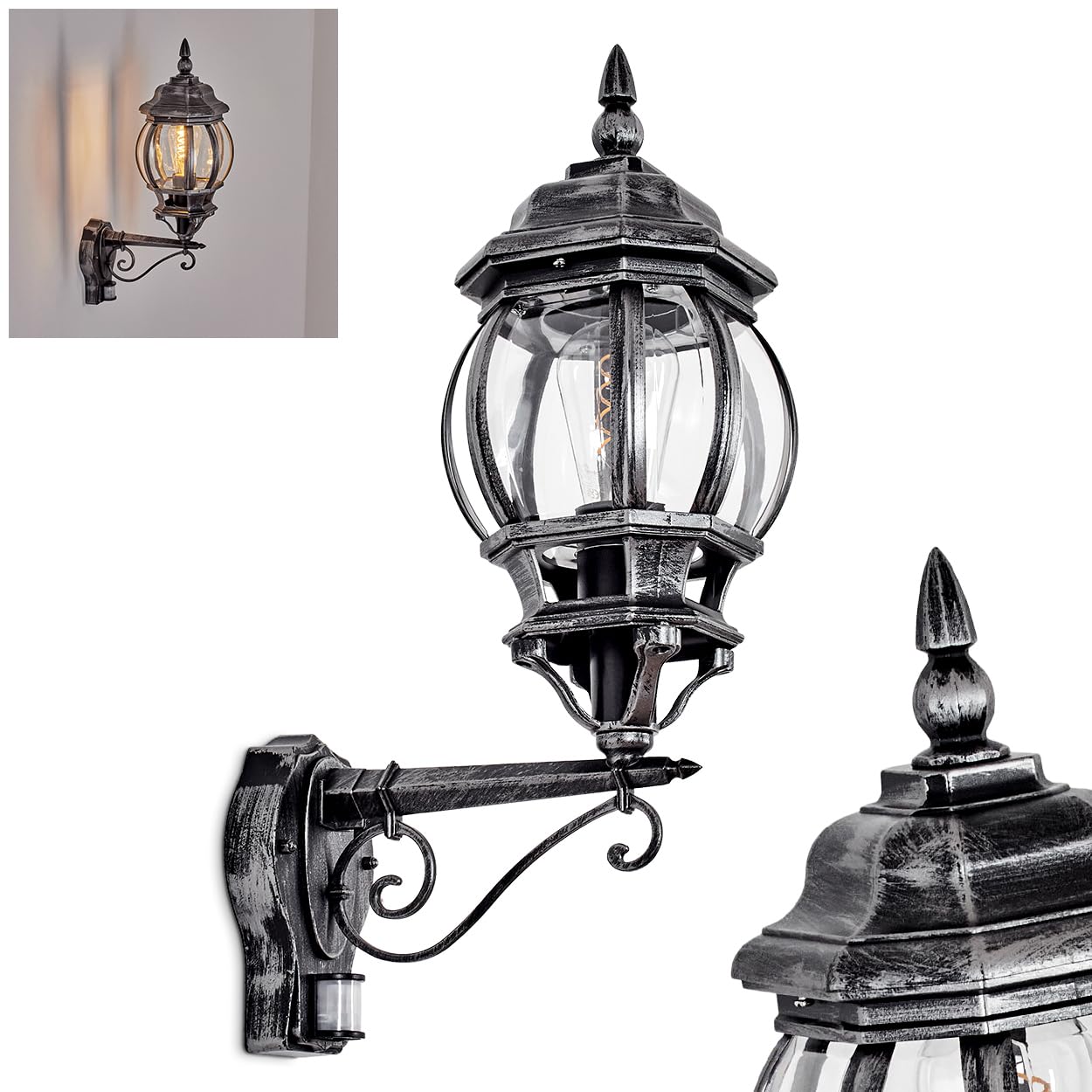 HOFSTEIN Außenwandleuchte Lentua, Außenwandlampe mit Bewegungsmelder aus Metall/Glas in Schwarz/Silber/Klar, Wandleuchte aufwärts außen Vintage mit Lichteffekt, E27, IP44, Hof, Außenbereich, Haustür