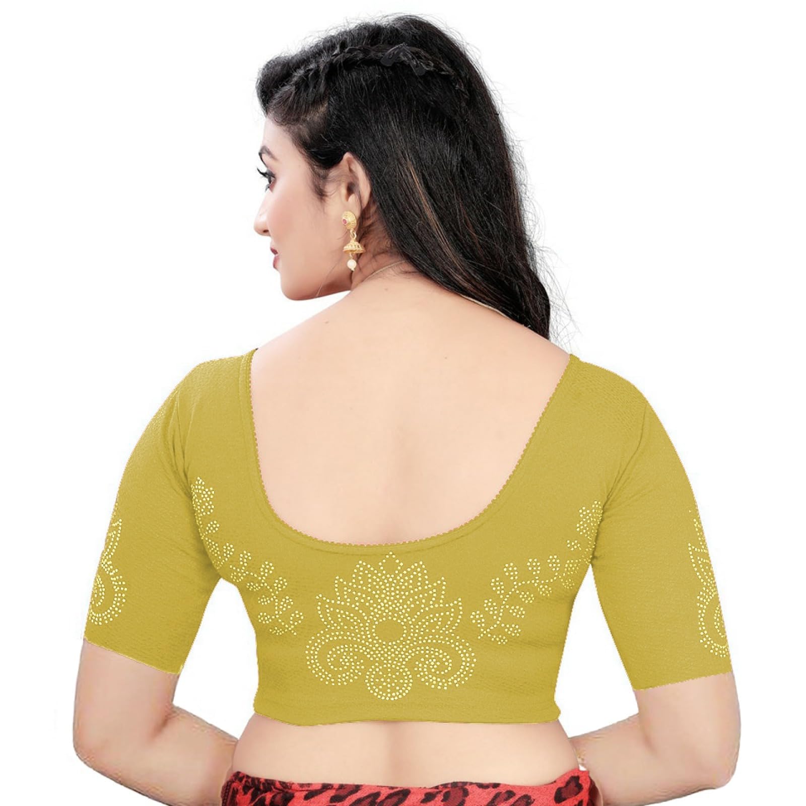 MagicStyle Creation Stylish Golden Stone Work Fancy Stretchable Blouse Latest Trendy Designer Readymade Women's Saree Blouse Round Neck Half Sleeves-picture-23