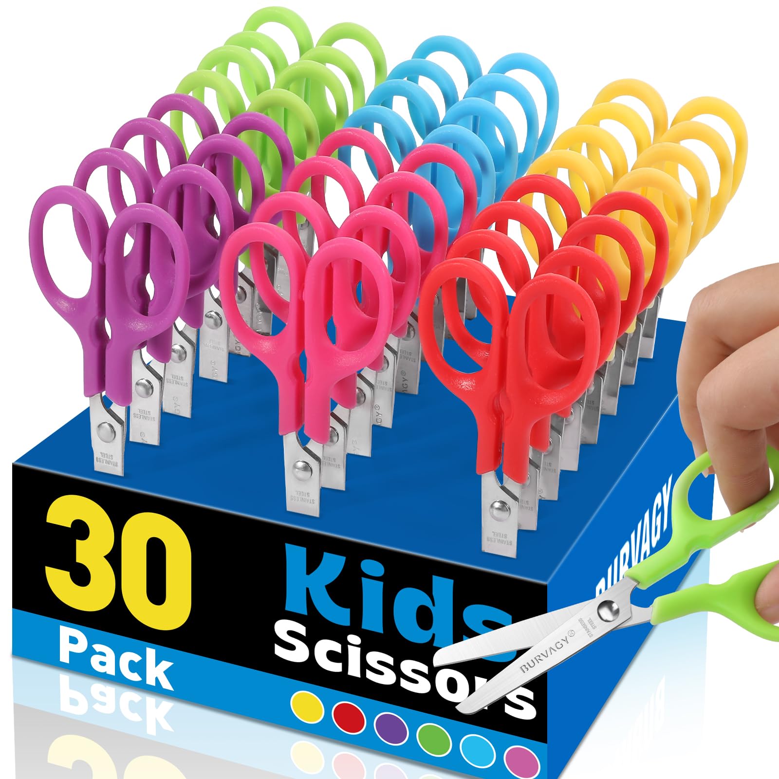 BURVAGY 30 Stück 12,7 cm kleine Schulscheren, stumpfe Kinder-Bastelscheren, scharfe Edelstahl-Klingen, Sicherheit für Kleinkinder, Kinder, Komfort-Griff, Großpackung für Kinder, zum Schneiden von