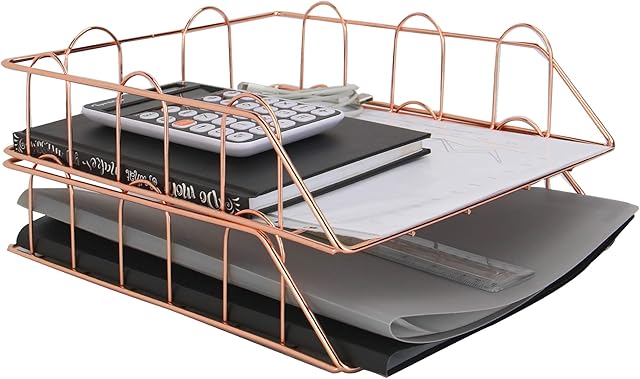 A4 Rose Gold Wire Filing Trays | 2 Stackable Storage Baskets | Office Desk Organiser | Metal Paper & Document Holder | Wire Letter Racks | M&W