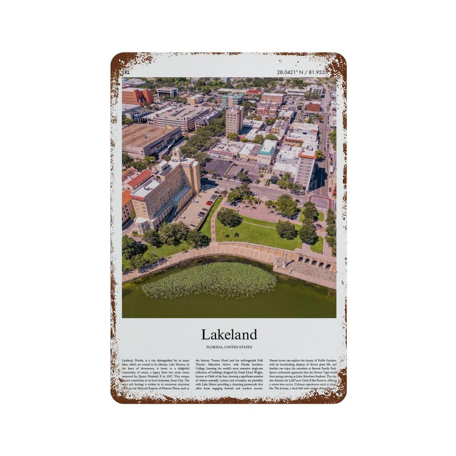 xiaoxiaoshen Lakeland Florida, United States, USA City Scenery Wall Decor Art Metal Tin Poster Modern Home Decor Art Home Bar Shop Decorations Vintage Sign 30x20cm