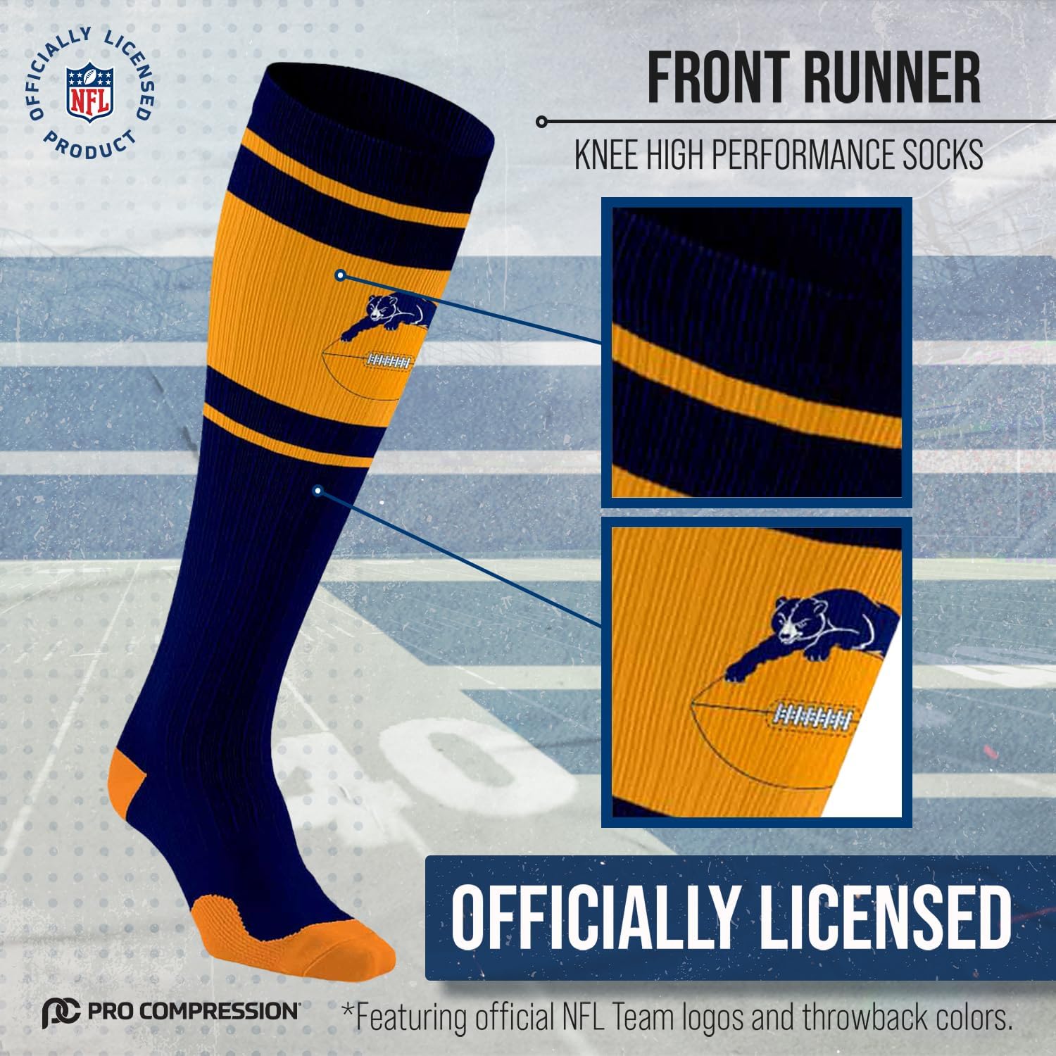 For Bare Feet NFL Classic CHICAGO BEARS Marathon Compression Sock Team Color Large/Extra Large