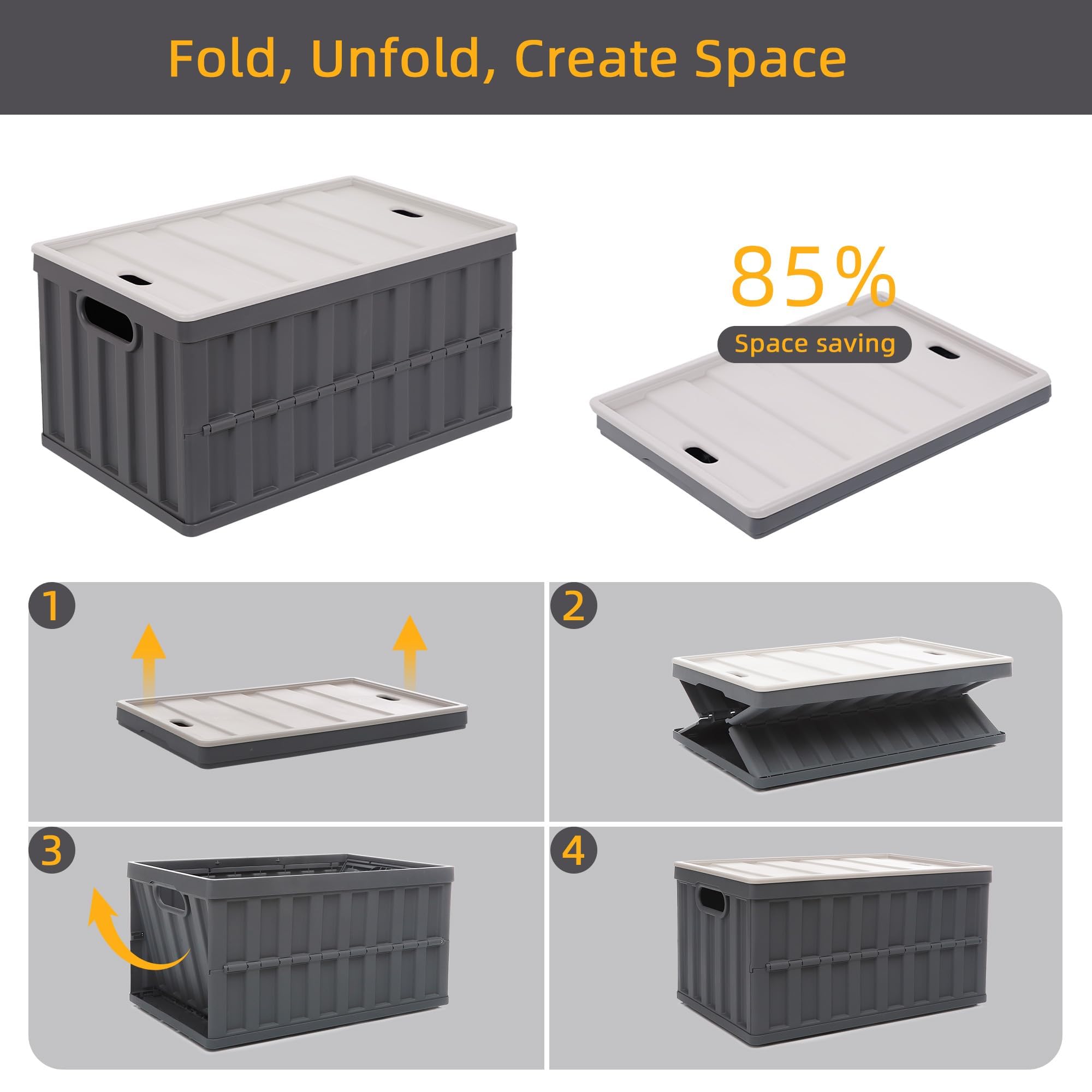 4er Set 64L klappbox Faltbar Stabil Plastik Faltbox, Campingbox Collapsible Transportbox für die Organisation große Heavy Outdoor, Bad, Küche, Büro, Wohnzimmer (Grau)