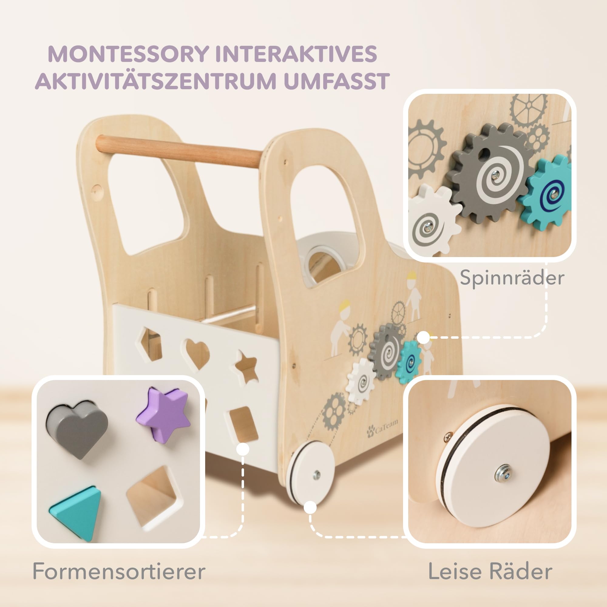 Cateam Lauflernwagen Baby mit rädern - Holzspielzeug mit Lauflernhilfe, Motorikwürfel und Gehfrei - Montessori Spielzeug Busy Board - Push & Pull Lauflernspielzeug mit Aufbewahrung Körb, Babyschieber