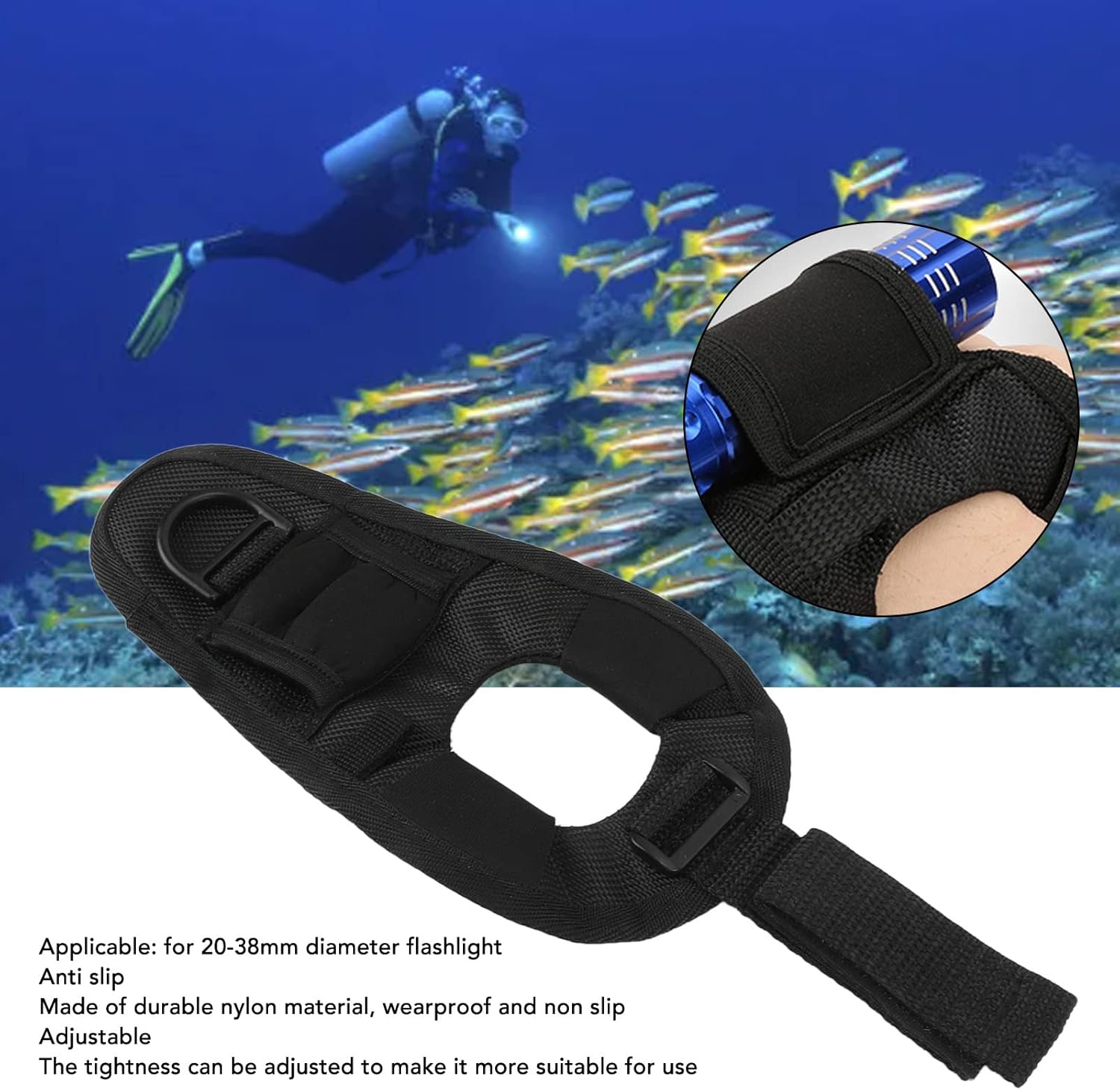 Diving Flashlight Glove,Hands Free Flashlight Case,Adjustable Diving Torch Protective Cover with Nylon Fixing Wrist Strap for 20‑38mm Diameter Flashlight