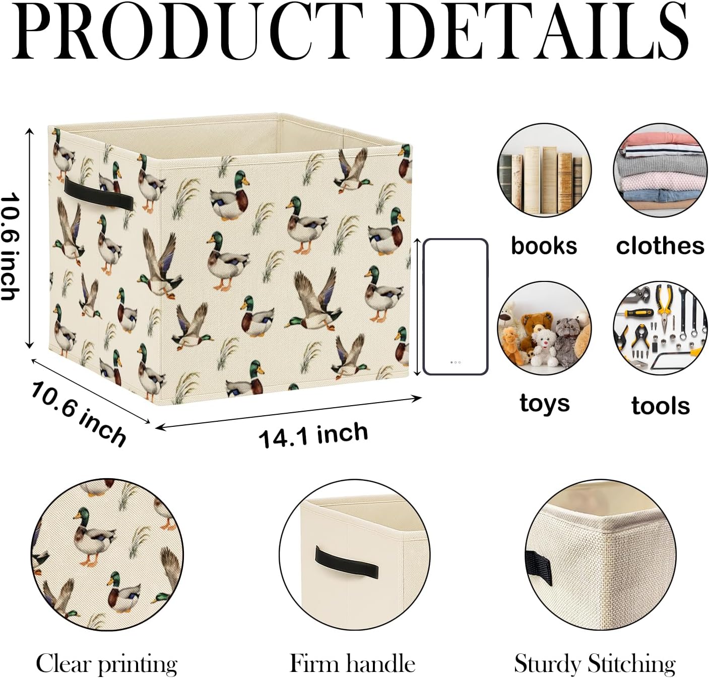 Mallard Duck Nursery Storage Bin Box with Handles, Countryside Flying Mallard Duck Foldable Baskets Organizer for Kids Room Bedroom Bathroom Clothes Toys Books, Toybox for Boys
