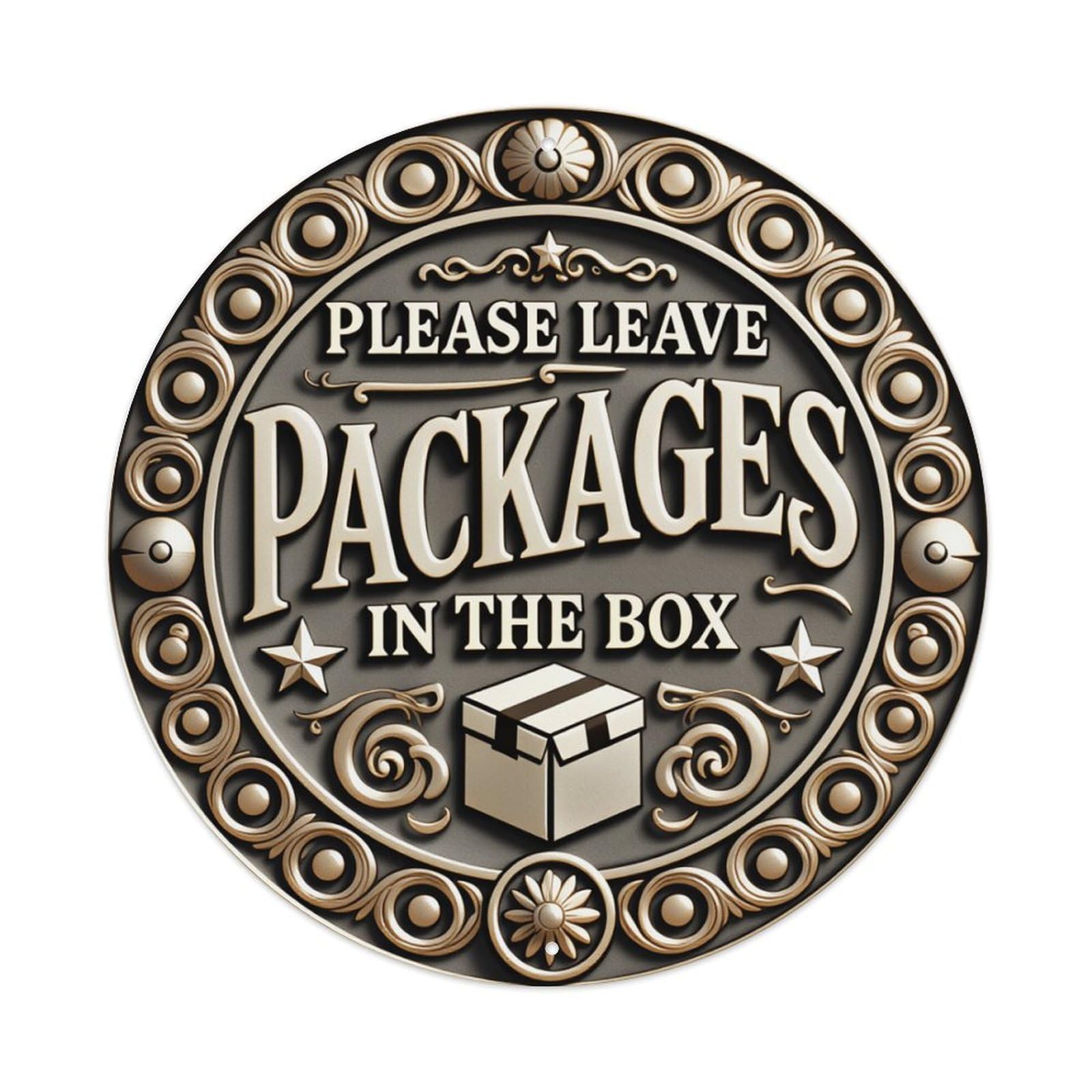 Ornate Circular Design With Text And Box Icon Round Tin Sign Vintage Metal Poster, Home Bar Garage Man Cave Cafe Indoor & Outdoor Wall Decoration 8x8Inches