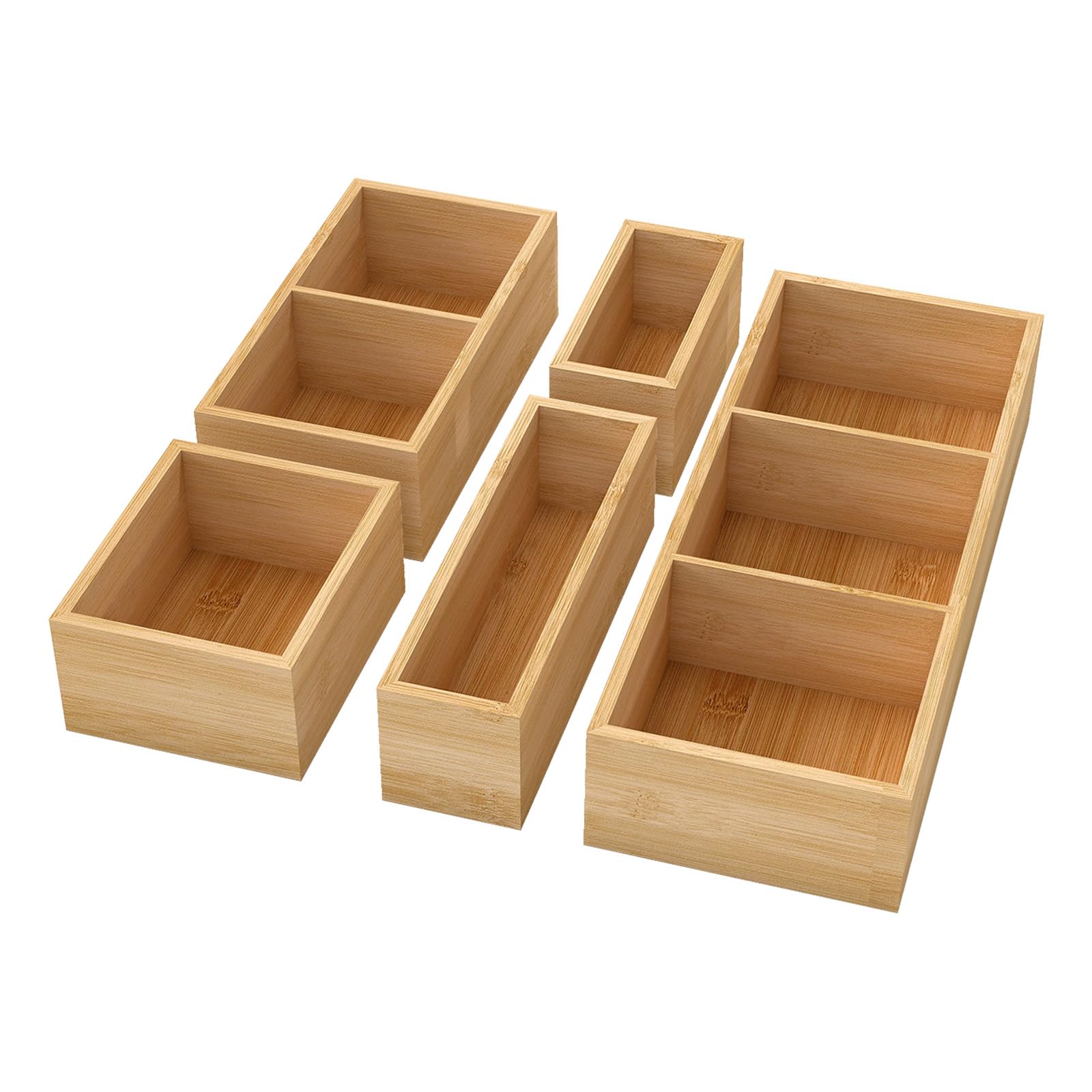 TOQUE 5-Piece Bamboo Drawer Organiser, Adjustable Desk Drawer Dividers Trays, Wood Storage Boxes for Stationery, Makeup, Kitchen Utensils in Office, Bathroom, Bedroom
