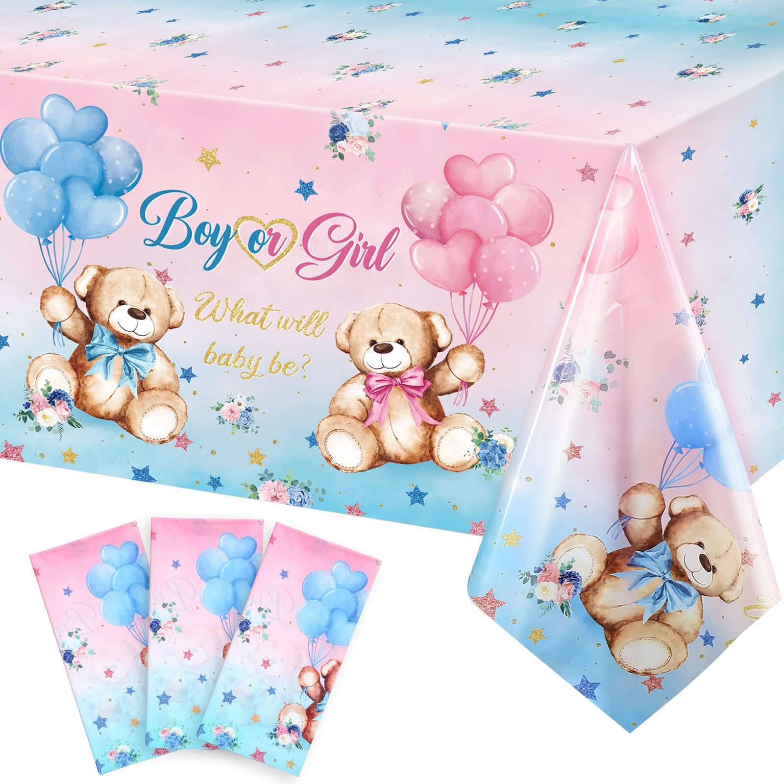 Capoda 3 Pcs Bear Baby Shower Tablecloths Gender Reveal Table Covers Rectangle Plastic Bear Table Cloths for Baby Shower Gender Reveal Party Decorations