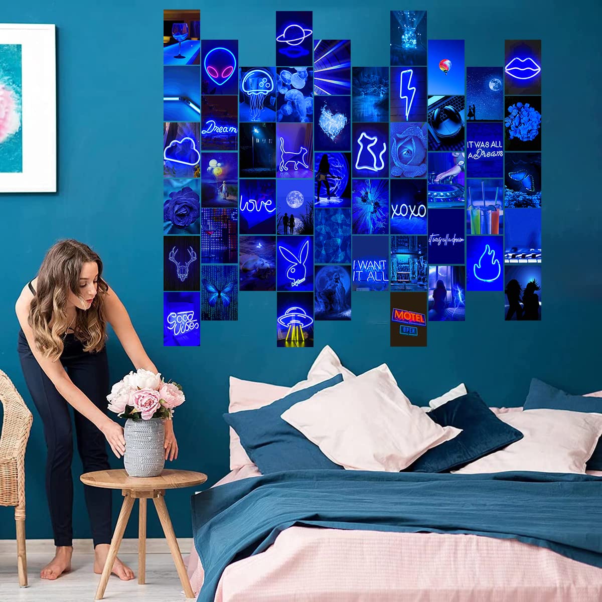 Poster Estetici Blu Tinoaly – 4 Stampe 20x25cm Su Tela, Fiocchi E Discoteca Per Camera
