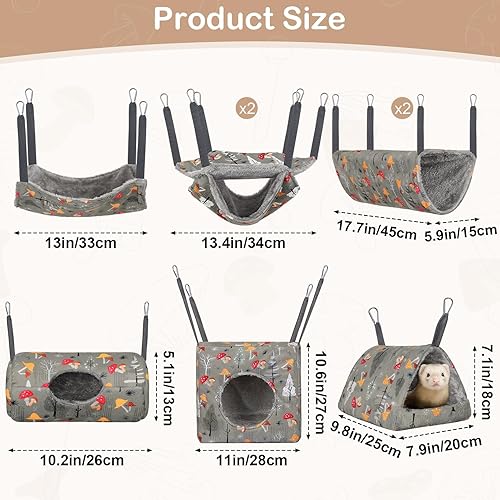 Ferret Hammock 8 Pack Guinea Pig Hammock Washable Rat Chinchilla Hammock Hamster Cage Accessories Cozy Ferret Bed Toys for Small Animals Pet Sugar Glider(Grey Mushrooms)