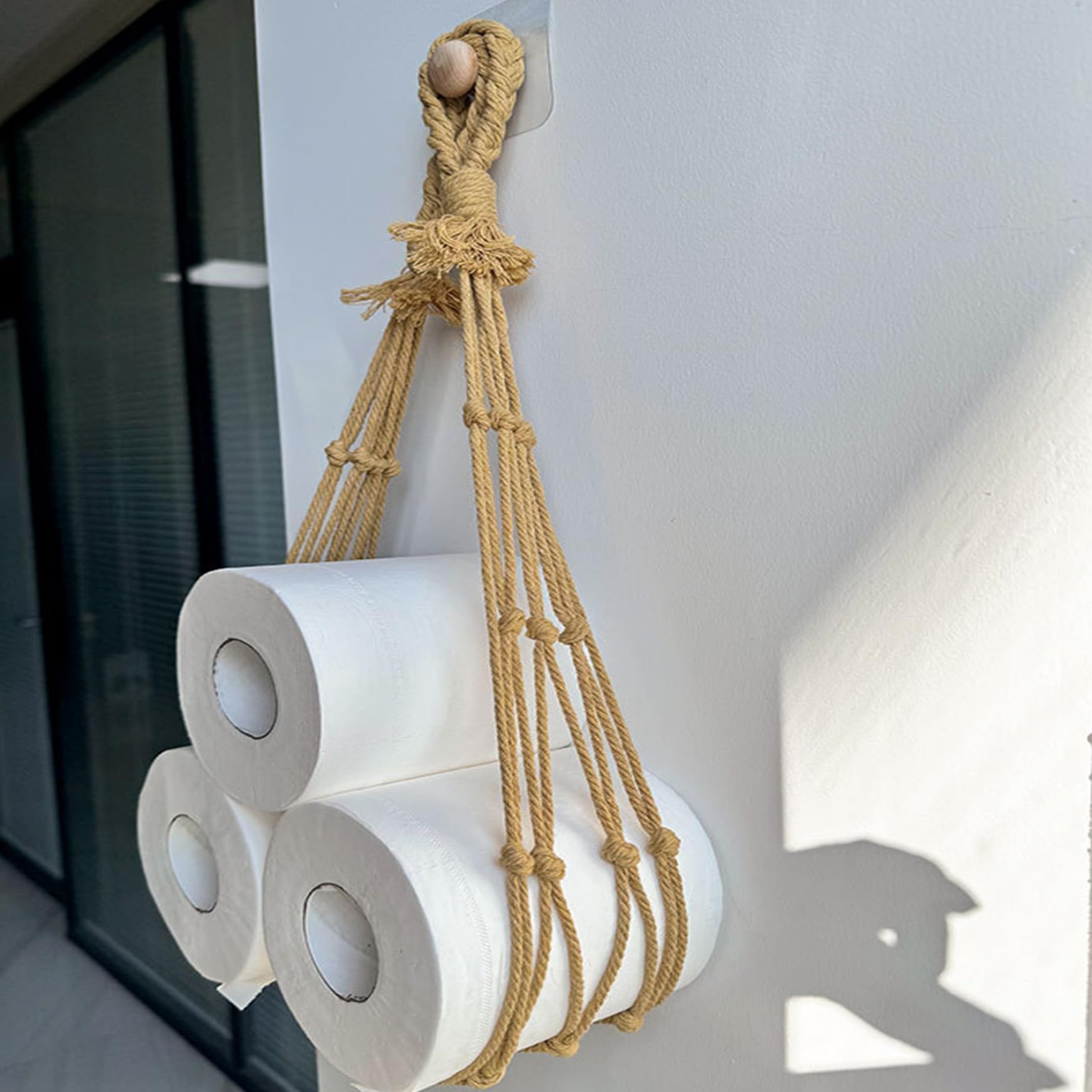 Uchwyt na papier toaletowy z liny bawełnianej 106 cm, stylowe przechowywanie w łazience, na 3 rolki, dekoracyjny papier toaletowy, funkcjonalne akcesoria do domu